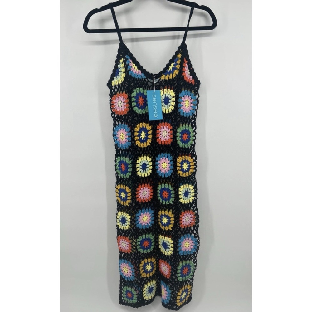 NWT Cocoa Beach Aesthetic Colorful Crochet Granny Square Midi Dress Sensea M